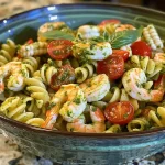 ['Close-up view of a vibrant Pesto Pasta Salad with shrimp, corn, and cherry tomatoes.', 'Colorful bowl of Pesto Pasta Salad featuring succulent shrimp and fresh mozzarella.', 'Juicy Pesto Pasta Salad displayed with shrimp, corn, and fresh basil leaves.', 'Richly colored Pesto Pasta Salad with shrimp, pasta, and sliced tomatoes in a bowl.']