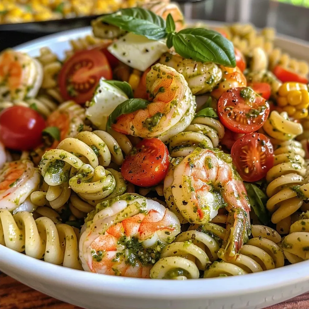 ['Close-up view of a vibrant Pesto Pasta Salad with shrimp, corn, and cherry tomatoes.', 'Colorful bowl of Pesto Pasta Salad featuring succulent shrimp and fresh mozzarella.', 'Juicy Pesto Pasta Salad displayed with shrimp, corn, and fresh basil leaves.', 'Richly colored Pesto Pasta Salad with shrimp, pasta, and sliced tomatoes in a bowl.']