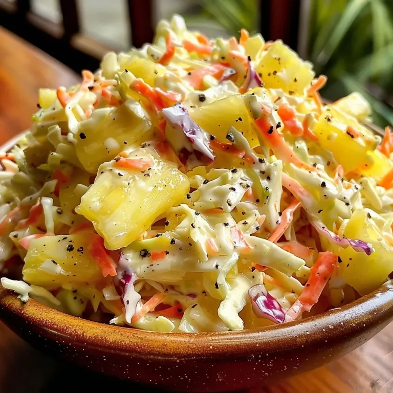 ['Close-up view of colorful Pineapple Coleslaw in a bowl with chunks of pineapple.', 'Juicy Pineapple Coleslaw displayed in a wooden bowl, featuring green cabbage and pineapple pieces.', 'Side view of Pineapple Coleslaw, highlighting the creamy dressing and vibrant colors of the ingredients.', 'Fresh Pineapple Coleslaw served with a sprinkle of black pepper, showcasing its texture and mix of ingredients.']