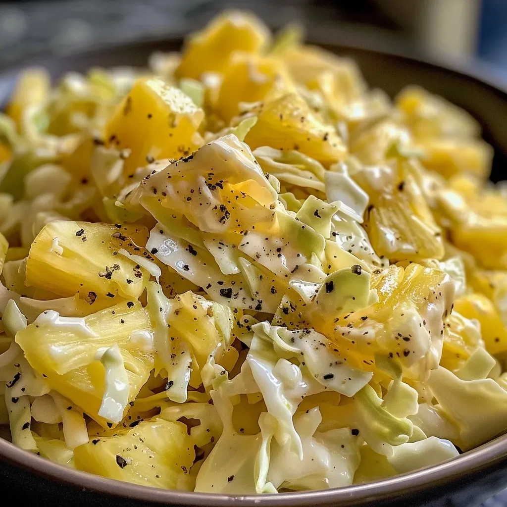 ['Close-up view of colorful Pineapple Coleslaw in a bowl with chunks of pineapple.', 'Juicy Pineapple Coleslaw displayed in a wooden bowl, featuring green cabbage and pineapple pieces.', 'Side view of Pineapple Coleslaw, highlighting the creamy dressing and vibrant colors of the ingredients.', 'Fresh Pineapple Coleslaw served with a sprinkle of black pepper, showcasing its texture and mix of ingredients.']