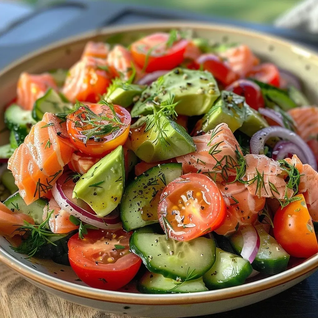 ['Close-up view of a colorful salmon cucumber avocado salad featuring chilled salmon flakes, diced avocado, and sliced cucumbers.', 'A vibrant salad with cold salmon, fresh cucumbers, and ripe avocados arranged beautifully in a bowl.', 'Side view of a refreshing salad made with flaked salmon, cucumbers, avocados, and cherry tomatoes.', 'Detailed close-up of a salmon cucumber avocado salad highlighting fresh vegetables and flaked salmon.']