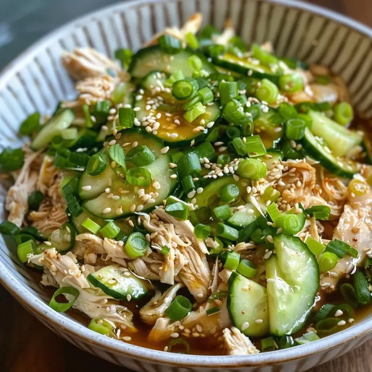 ['Juicy shredded chicken and sliced cucumber drizzled with sesame dressing in a close-up shot.', 'A colorful dish featuring shredded chicken and cucumber with sesame dressing, captured from a side view.', 'A detailed view of shredded chicken mixed with cucumber and sesame dressing on a plate.', 'Close-up of a vibrant salad with shredded chicken, cucumber, and sesame dressing, taken with an iPhone.']