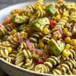 ['Close-up view of a vibrant pasta salad featuring avocado, corn, and red onion.', 'Colorful bowl of Skinny Avocado Ranch Pasta Salad with chopped vegetables and dressing.', 'Side angle of a fresh pasta salad highlighting diced avocado and bell pepper.', 'Detailed shot of a healthy pasta salad with a creamy ranch dressing and fresh ingredients.']
