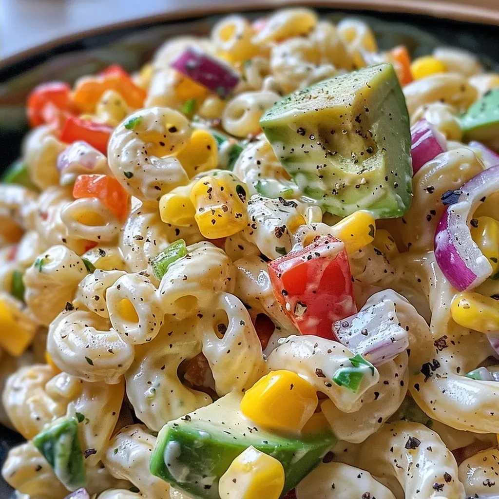 ['Close-up view of a vibrant pasta salad featuring avocado, corn, and red onion.', 'Colorful bowl of Skinny Avocado Ranch Pasta Salad with chopped vegetables and dressing.', 'Side angle of a fresh pasta salad highlighting diced avocado and bell pepper.', 'Detailed shot of a healthy pasta salad with a creamy ranch dressing and fresh ingredients.']