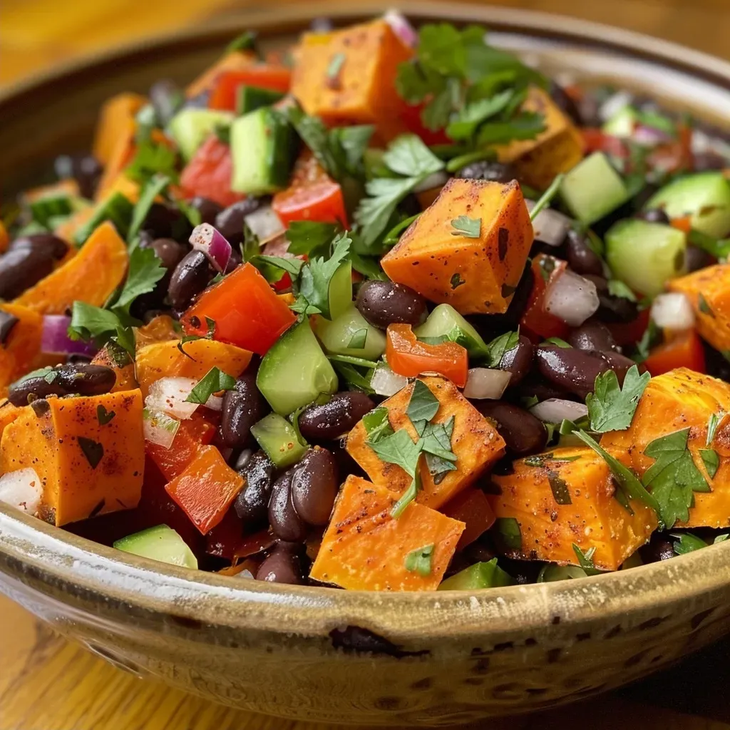 ['Close-up of a colorful Smoky Sweet Potato and Black Bean Salad with fresh ingredients.', 'Vibrant salad featuring cubed sweet potatoes, black beans, and diced vegetables.', 'Detailed view of a healthy, hearty salad highlighting the textures and colors of its ingredients.', 'Artistic side view of Smoky Sweet Potato and Black Bean Salad, showcasing its fresh and vibrant appeal.']