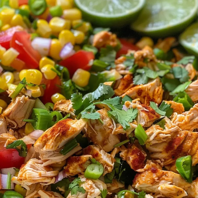 ['A vibrant Southwest Chicken Salad featuring shredded chicken, colorful bell peppers, and greens.', 'Close-up view of a Southwest Chicken Salad topped with cilantro, corn, and pepitas.', 'Juicy Southwest Chicken Salad displayed in a bowl, highlighting its fresh ingredients.', 'Side view of a colorful Southwest Chicken Salad with Greek yogurt dressing visible.']