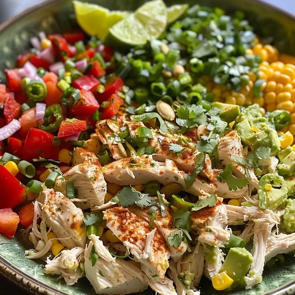 A vibrant Southwest Chicken Salad featuring shredded chicken, colorful bell peppers, and greens.