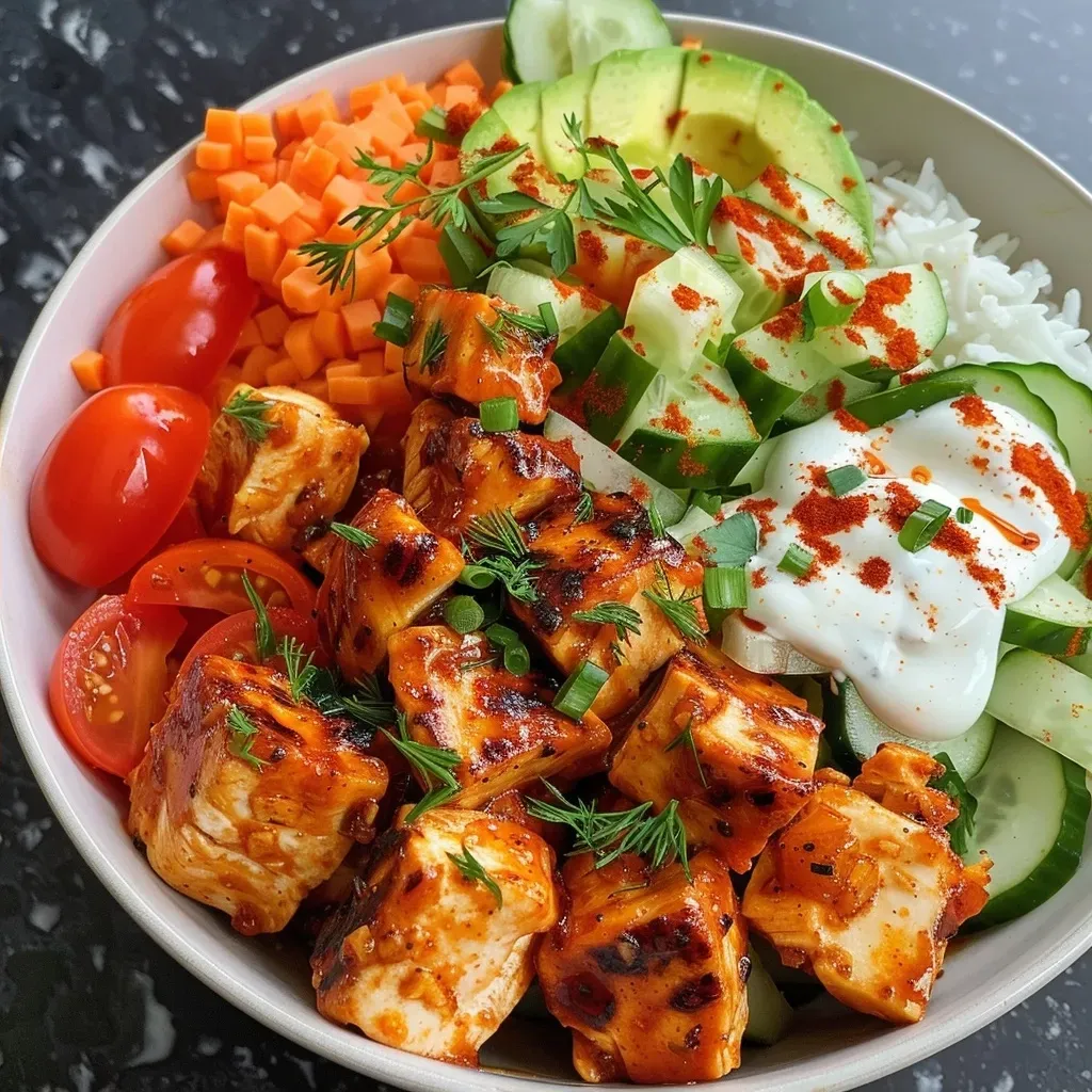 ['Close-up side view of Sriracha Ranch Chicken Bowls showcasing colorful ingredients.', 'Juicy chunks of chicken mixed with fresh vegetables in a bowl.', 'A vibrant Sriracha Ranch Chicken Bowl featuring avocado and tomatoes.', 'Layered Sriracha Ranch Chicken Bowl with garnished herbs and sauces.']