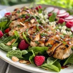 ['A vibrant summer salad featuring grilled chicken, raspberries, goat cheese, and greens.', 'Close-up of a juicy grilled chicken salad with a mix of spinach, tomatoes, and fresh raspberries.', 'A colorful plate of summer grilled chicken salad adorned with goat cheese and sliced radishes.', 'Side view of a delicious grilled chicken salad topped with raspberries, mint, and almonds.']
