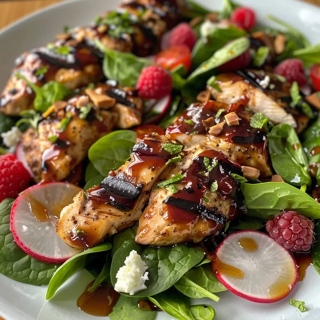 ['A vibrant summer salad featuring grilled chicken, raspberries, goat cheese, and greens.', 'Close-up of a juicy grilled chicken salad with a mix of spinach, tomatoes, and fresh raspberries.', 'A colorful plate of summer grilled chicken salad adorned with goat cheese and sliced radishes.', 'Side view of a delicious grilled chicken salad topped with raspberries, mint, and almonds.']