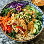 ['A colorful Buddha bowl featuring quinoa, chicken satay, and a variety of fresh vegetables.', 'Close-up view of a Thai Peanut Chicken Buddha bowl with vibrant ingredients like carrots and kale.', 'A side view of a delicious Buddha bowl filled with quinoa, roasted peanuts, and colorful veggies.', 'A hearty Thai Peanut Chicken Buddha bowl showcasing fresh vegetables and creamy peanut dressing.']