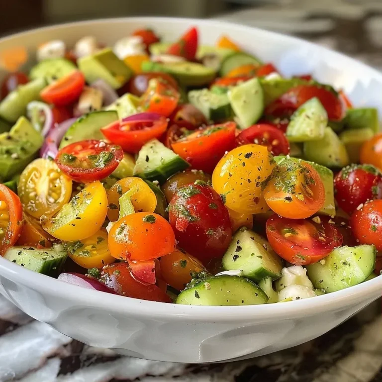 ['Close-up view of a colorful salad with red and yellow tomatoes, avocado, cucumber, and mozzarella.', 'Side view of a fresh tomato cucumber avocado salad drizzled with basil pesto.', 'Juicy salad featuring halved cherry tomatoes, sliced cucumber, diced avocado, and mozzarella cheese balls.', 'Bright salad with vibrant ingredients including cherry tomatoes, cucumber, avocado, and a touch of basil pesto.']