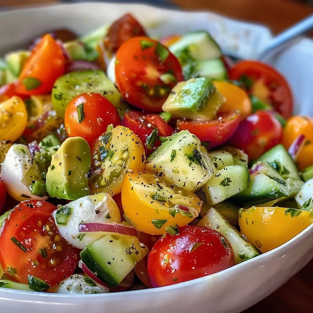 ['Close-up view of a colorful salad with red and yellow tomatoes, avocado, cucumber, and mozzarella.', 'Side view of a fresh tomato cucumber avocado salad drizzled with basil pesto.', 'Juicy salad featuring halved cherry tomatoes, sliced cucumber, diced avocado, and mozzarella cheese balls.', 'Bright salad with vibrant ingredients including cherry tomatoes, cucumber, avocado, and a touch of basil pesto.']