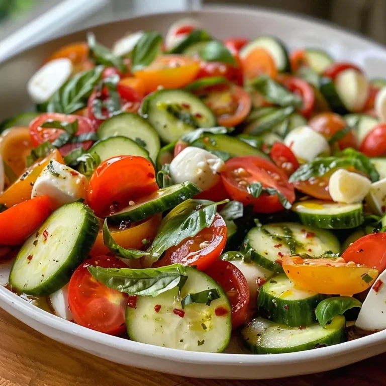 ['A vibrant Tomato Cucumber Mozzarella Salad with fresh ingredients displayed in a close-up view.', 'A colorful mix of cut cherry tomatoes, cucumber, and mozzarella arranged in a salad, seen from the side.', 'Juicy tomato and cucumber chunks mixed with mozzarella and basil, captured in a close-up shot.', 'A side view of a fresh salad featuring halved grape tomatoes, cucumber, mozzarella, and basil leaves.']
