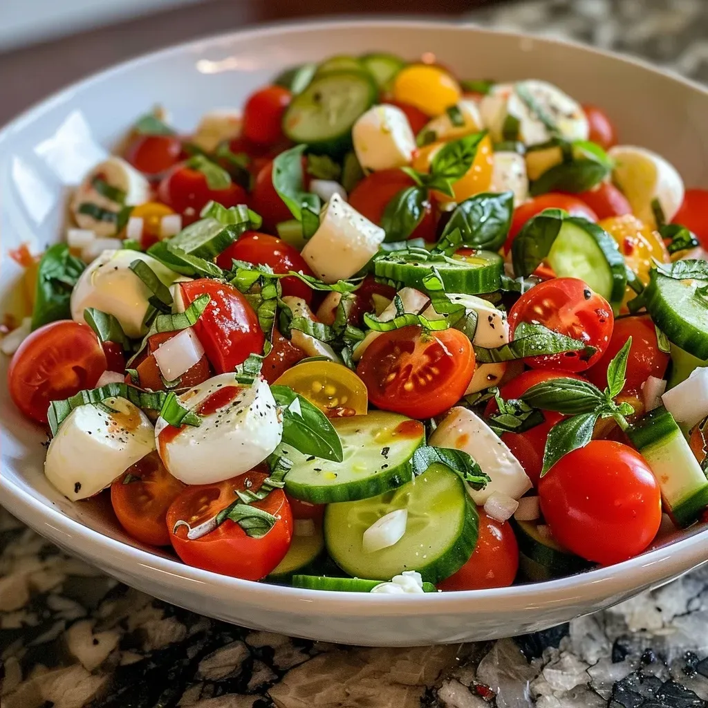['A vibrant Tomato Cucumber Mozzarella Salad with fresh ingredients displayed in a close-up view.', 'A colorful mix of cut cherry tomatoes, cucumber, and mozzarella arranged in a salad, seen from the side.', 'Juicy tomato and cucumber chunks mixed with mozzarella and basil, captured in a close-up shot.', 'A side view of a fresh salad featuring halved grape tomatoes, cucumber, mozzarella, and basil leaves.']