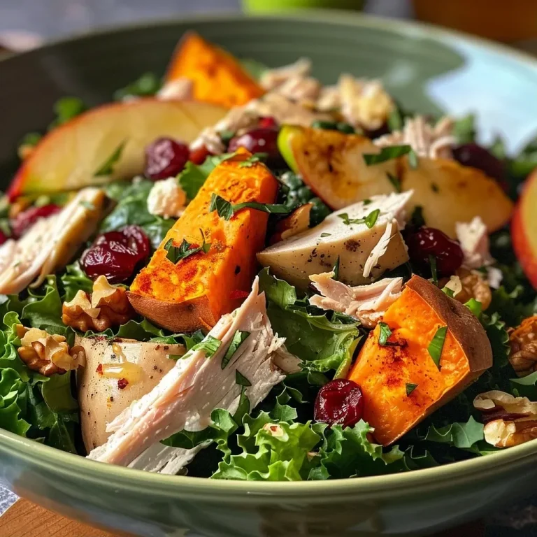 ['Juicy turkey and sweet potato salad with vibrant ingredients displayed in a bowl.', 'Close-up view of a colorful salad featuring turkey, sweet potatoes, apples, and greens.', 'Fresh salad made with turkey, sweet potatoes, cranberries, and goat cheese, styled elegantly.', 'Side view of a hearty turkey and sweet potato salad, garnished with nuts and herbs.']