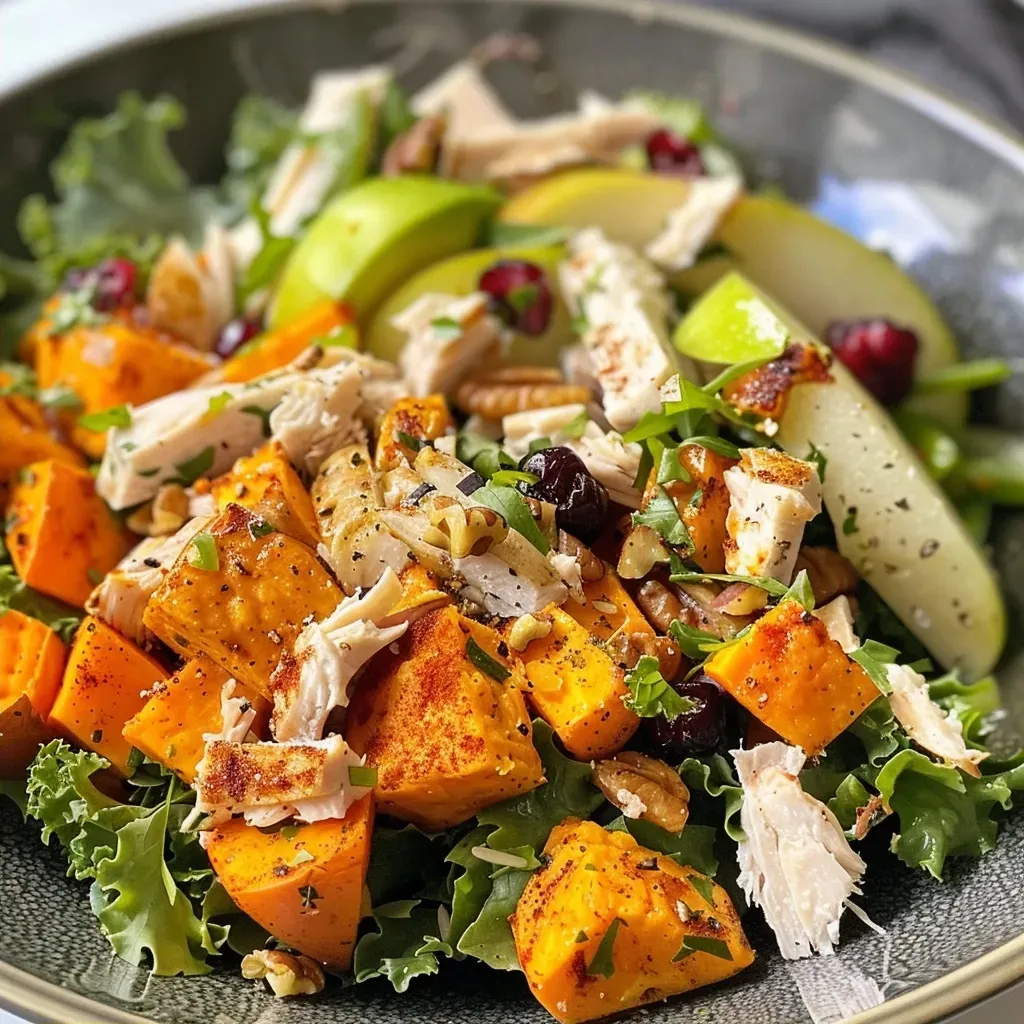 Juicy turkey and sweet potato salad with vibrant ingredients displayed in a bowl.