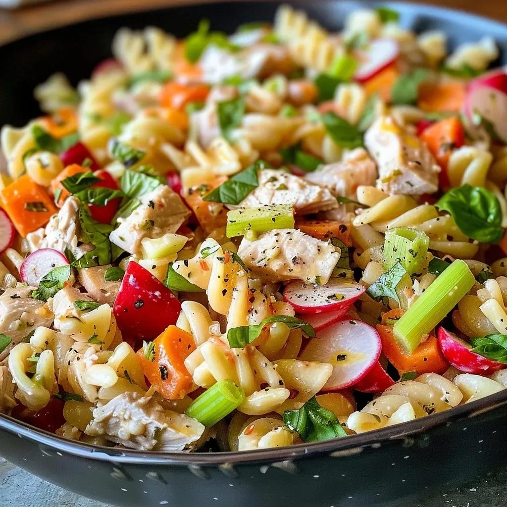 ['Close-up of a vibrant Turkey Pasta Salad with colorful ingredients.', 'Side view of a delicious Turkey Pasta Salad filled with fresh vegetables.', 'Juicy Turkey Pasta Salad featuring pasta, turkey, and herbs in a bowl.', 'Detailed image of Turkey Pasta Salad highlighting its fresh ingredients.']
