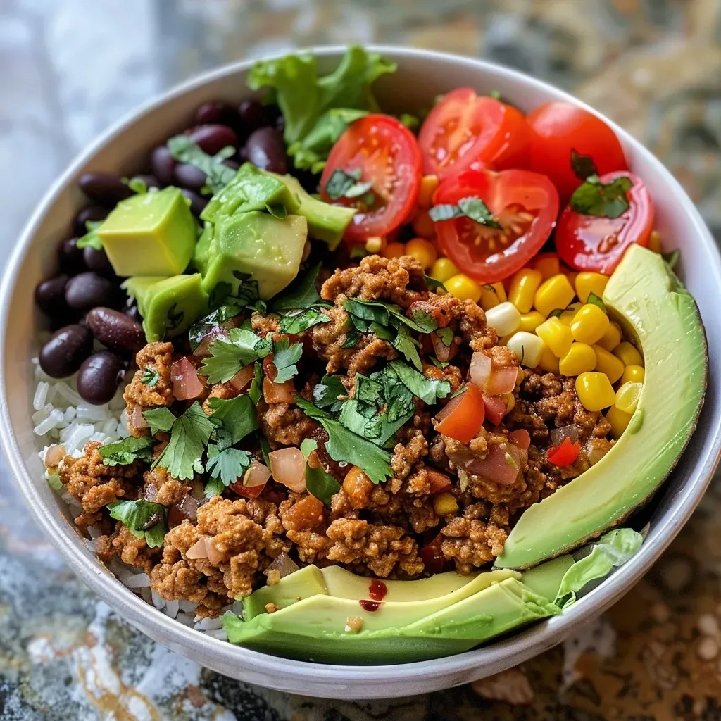 ['Close-up of a Turkey Taco Meal Prep Bowl featuring ground turkey, fresh vegetables, and toppings.', 'Side view of an appetizing Turkey Taco Meal Prep Bowl filled with turkey, beans, and avocado slices.', 'Colorful Turkey Taco Meal Prep Bowl showcasing ground turkey, cilantro, and fresh salsa on top.', 'Detailed shot of a Turkey Taco Meal Prep Bowl with layers of ingredients including lettuce, corn, and cheese.']