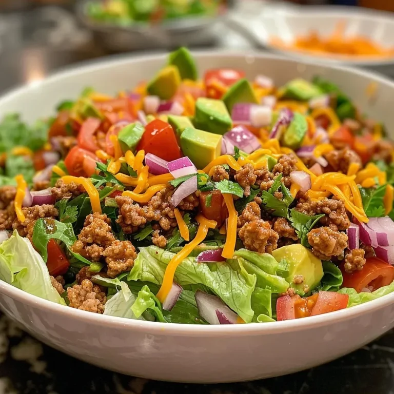 ['Close-up side view of a colorful Turkey Taco Salad with fresh ingredients.', 'Juicy Turkey Taco Salad featuring ground turkey, lettuce, and avocado slices.', 'Detailed image of a healthy Turkey Taco Salad with vibrant toppings and ingredients.', 'Bowl of Turkey Taco Salad showcasing chopped romaine, black beans, and corn.']
