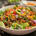 ['A vibrant Turkey Taco Salad with fresh greens, cherry tomatoes, and avocado dressing.', 'A colorful close-up of a loaded Turkey Taco Salad featuring ground turkey, beans, and tortilla strips.', 'A delicious Turkey Taco Salad topped with Avocado Ranch Dressing, garnished with red onion.', 'A side view of a hearty Turkey Taco Salad showcasing layers of lettuce, corn, and tomatoes.']