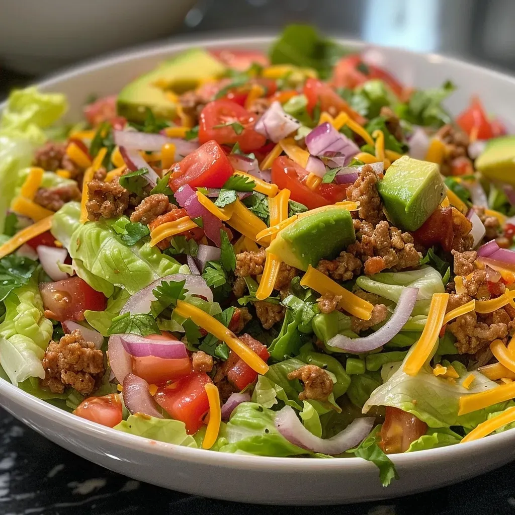 ['Close-up side view of a colorful Turkey Taco Salad with fresh ingredients.', 'Juicy Turkey Taco Salad featuring ground turkey, lettuce, and avocado slices.', 'Detailed image of a healthy Turkey Taco Salad with vibrant toppings and ingredients.', 'Bowl of Turkey Taco Salad showcasing chopped romaine, black beans, and corn.']