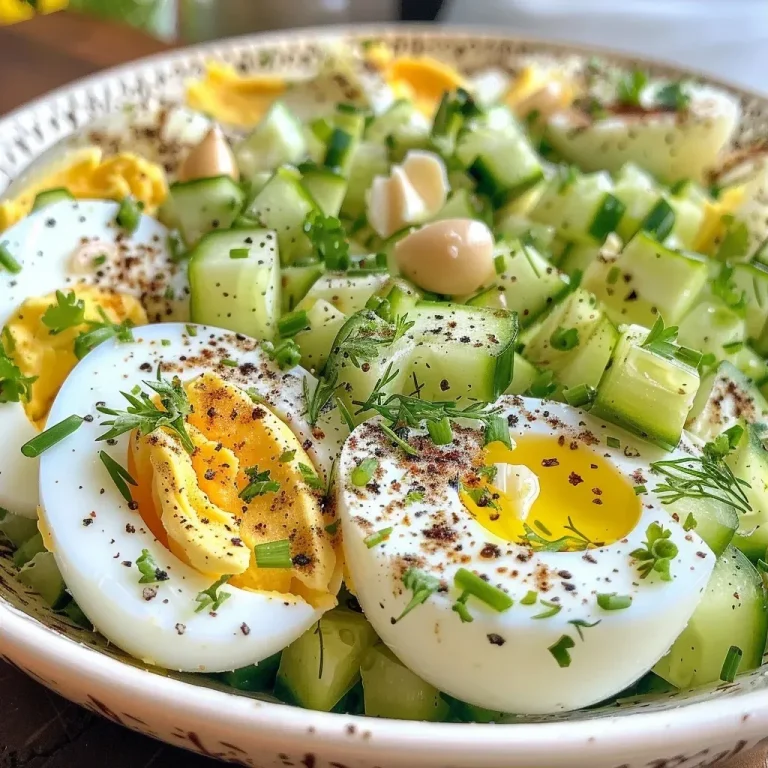 ['A close-up side view of a vibrant Tzatziki Egg Salad in a bowl.', 'Creamy Tzatziki Egg Salad showcasing ingredients like chopped celery and grated cucumber.', 'Appetizing Tzatziki Egg Salad filled with hard-boiled eggs and herbs.', 'Fresh Tzatziki Egg Salad featuring a creamy texture and garnished with parsley.']