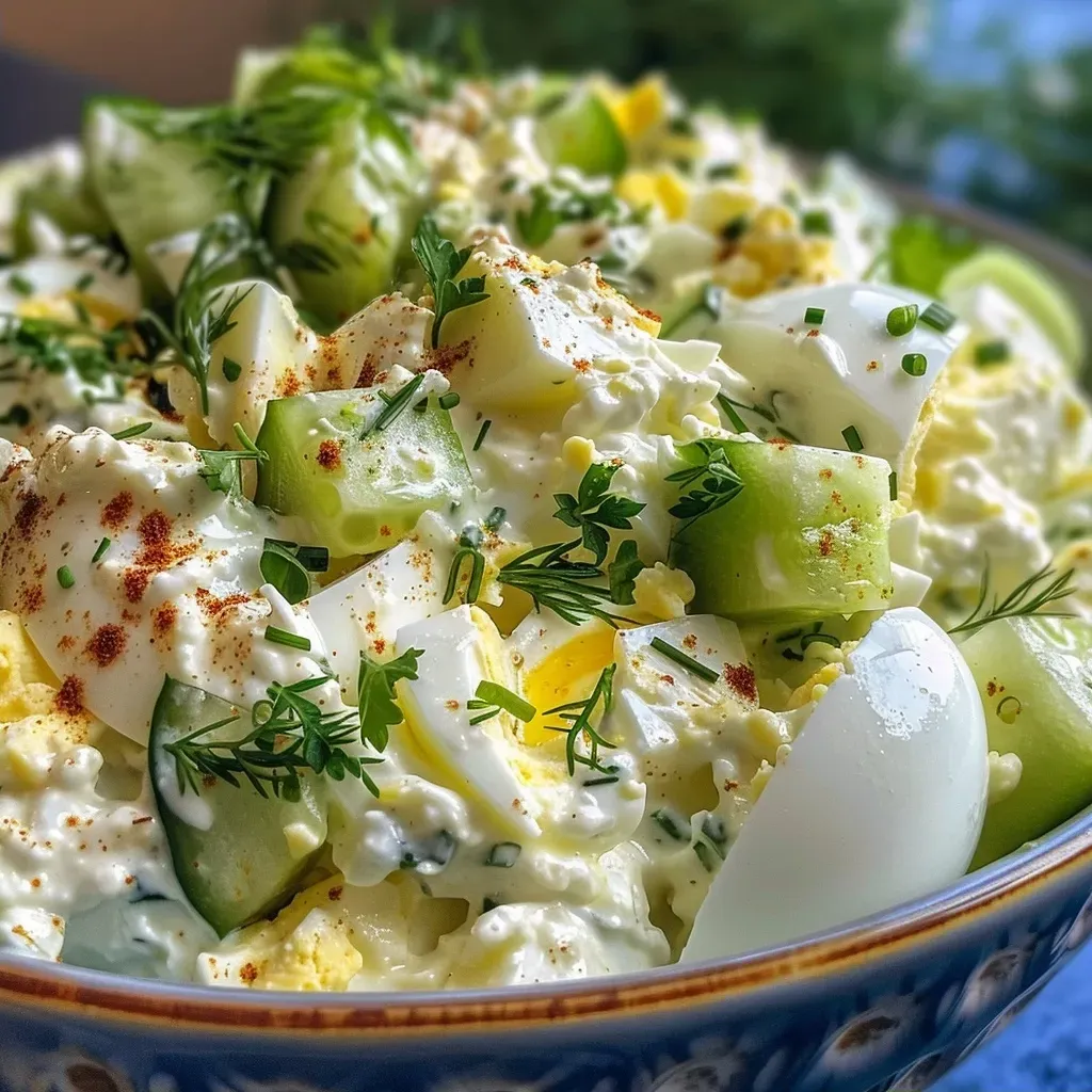 ['A close-up side view of a vibrant Tzatziki Egg Salad in a bowl.', 'Creamy Tzatziki Egg Salad showcasing ingredients like chopped celery and grated cucumber.', 'Appetizing Tzatziki Egg Salad filled with hard-boiled eggs and herbs.', 'Fresh Tzatziki Egg Salad featuring a creamy texture and garnished with parsley.']