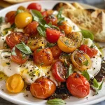 ['A close-up view of a Roasted Garlic Tomato Burrata Caprese dish on a plate.', 'Juicy cherry tomatoes and burrata cheese with garlic and spices arranged beautifully.', 'An appetizing Roasted Garlic Tomato Burrata Caprese featuring vibrant ingredients.', 'Side profile of a colorful Caprese salad with roasted garlic and fresh basil.']