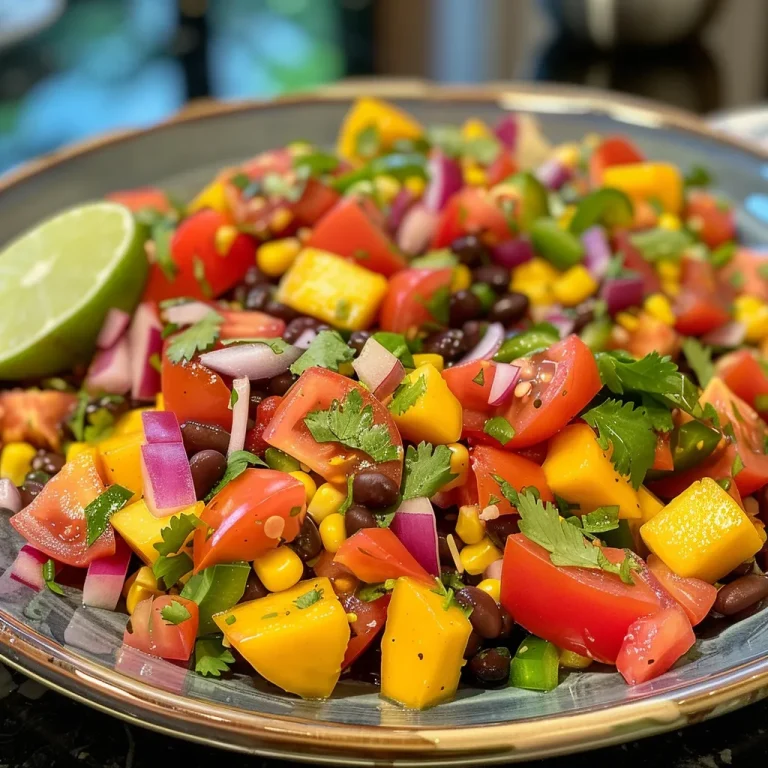 ['Close-up of a vibrant mango black bean salad with colorful ingredients.', 'A side view of a mango black bean salad showcasing chopped mango, tomatoes, and beans.', 'Juicy mango black bean salad filled with fresh vegetables and herbs in a bowl.', 'Mango black bean salad highlighted with cilantro and red onion in a close-up shot.']
