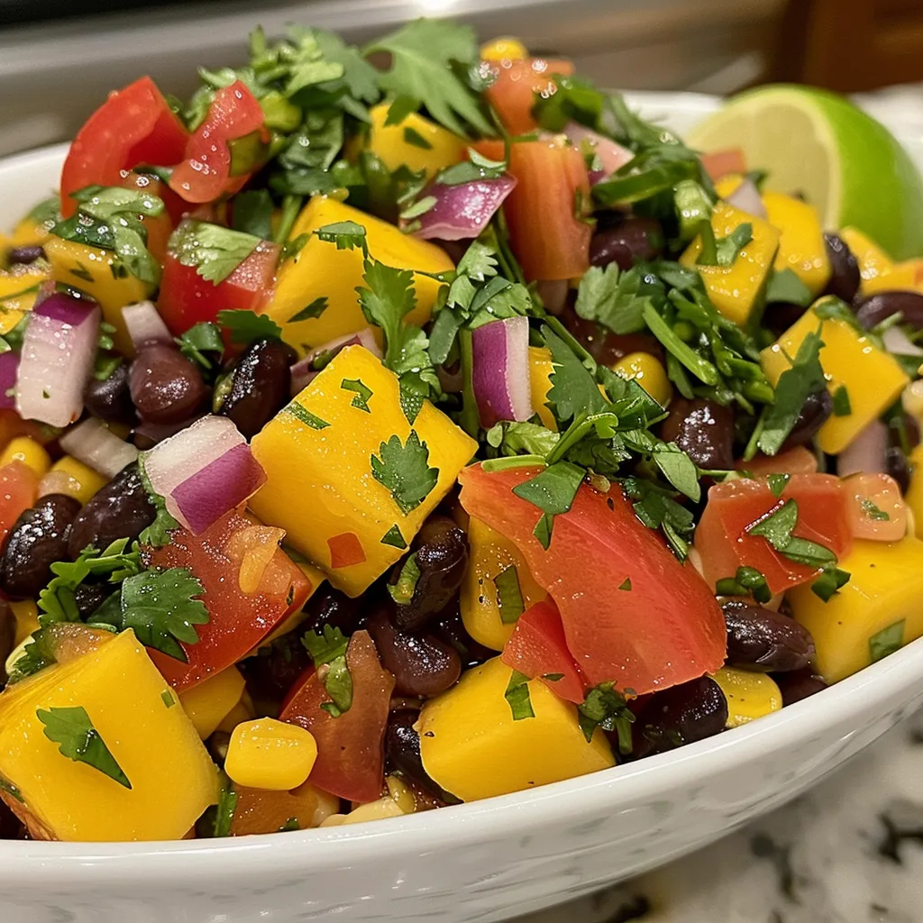 ['Close-up of a vibrant mango black bean salad with colorful ingredients.', 'A side view of a mango black bean salad showcasing chopped mango, tomatoes, and beans.', 'Juicy mango black bean salad filled with fresh vegetables and herbs in a bowl.', 'Mango black bean salad highlighted with cilantro and red onion in a close-up shot.']