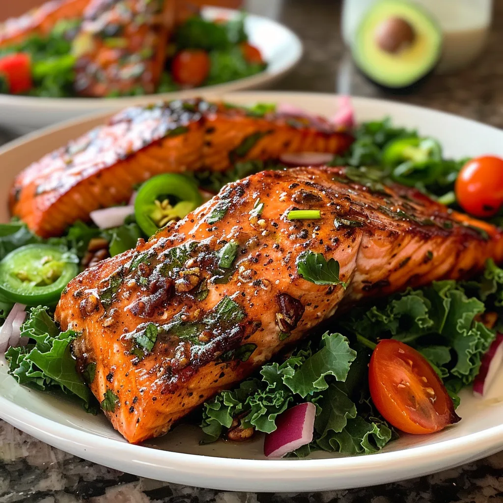 ['Close-up view of a Spicy Honey Glazed Salmon Salad featuring vibrant greens and colorful toppings.', 'Juicy salmon fillet glazed with honey served atop a bed of kale and fresh vegetables.', 'Side view of a delicious salad showcasing honey-glazed salmon, avocado, and cherry tomatoes.', 'A colorful salad with spicy salmon, topped with jalapenos and walnuts, set on a plate.']