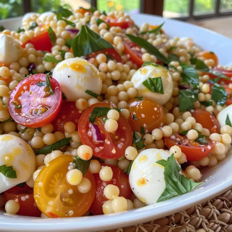 ['A close-up view of a vibrant Israeli Couscous Salad featuring fresh ingredients.', 'Colorful Israeli Couscous Salad with mozzarella, tomatoes, and herbs in a bowl.', 'Juicy Israeli Couscous Salad showcasing pearl couscous and fresh vegetables.', 'Side view of a delicious Israeli Couscous Salad with bright greens and cheese.']