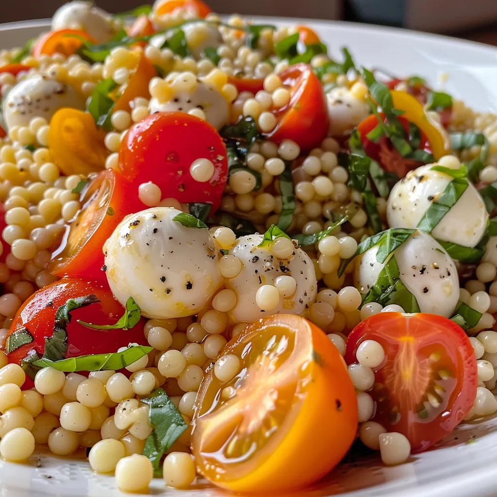 A close-up view of a vibrant Israeli Couscous Salad featuring fresh ingredients.
