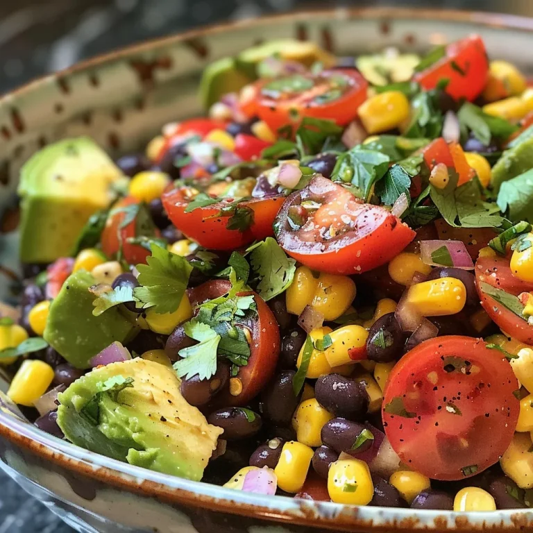 ['Side view of a colorful Black Bean and Corn Salad with diced vegetables.', 'Close-up shot of a vibrant salad featuring black beans and corn.', 'Juicy Black Bean and Corn Salad filled with fresh ingredients.', 'A detailed view of a mixed salad with black beans, corn, and diced vegetables.']