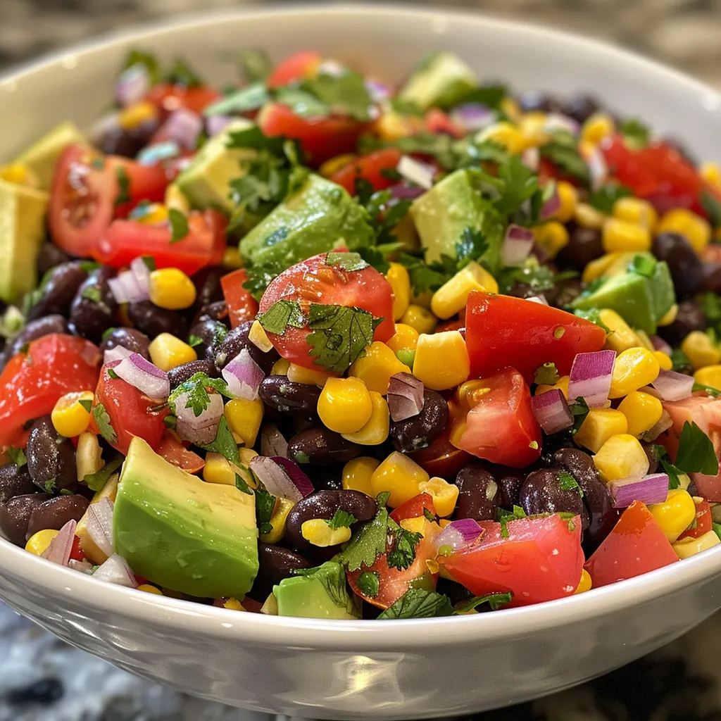 Side view of a colorful Black Bean and Corn Salad with diced vegetables.