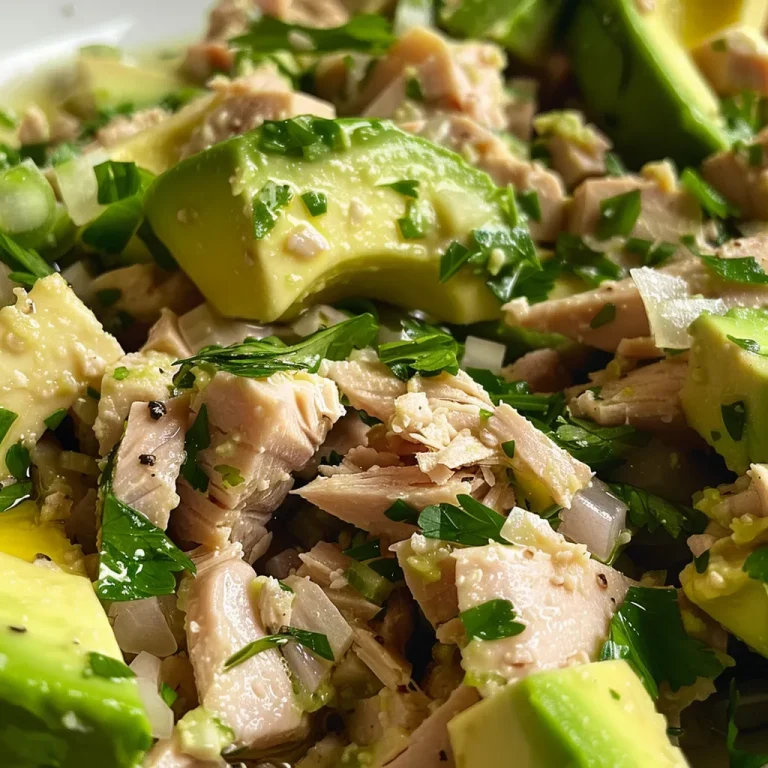 ['Close-up view of a vibrant tuna salad with avocado, garnished with chopped parsley.', 'Side view of a delicious healthy tuna salad featuring ripe avocado and fresh ingredients.', 'Bowl of healthy tuna salad made with avocado, shallots, and lime juice, displayed attractively.', 'Freshly prepared tuna salad with avocado and parsley, captured in high detail.']