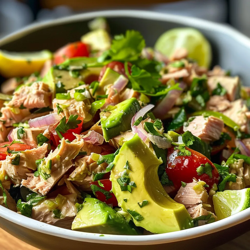 Close-up view of a vibrant tuna salad with avocado, garnished with chopped parsley.