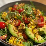 ['Close-up of a vibrant Grilled Corn Salad featuring diced avocado, cherry tomatoes, and arugula.', 'Side view of a colorful salad with grilled corn, avocado pieces, and fresh vegetables.', 'A bowl of Grilled Corn Salad with chunks of avocado, cherry tomatoes, and greens, freshly made.', 'Juicy Grilled Corn Salad displayed with avocado, herbs, and bright vegetables in a rustic setting.']