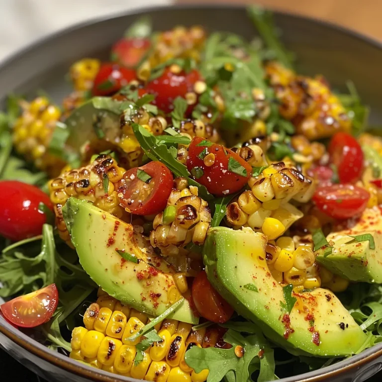 ['Close-up of a vibrant Grilled Corn Salad featuring diced avocado, cherry tomatoes, and arugula.', 'Side view of a colorful salad with grilled corn, avocado pieces, and fresh vegetables.', 'A bowl of Grilled Corn Salad with chunks of avocado, cherry tomatoes, and greens, freshly made.', 'Juicy Grilled Corn Salad displayed with avocado, herbs, and bright vegetables in a rustic setting.']
