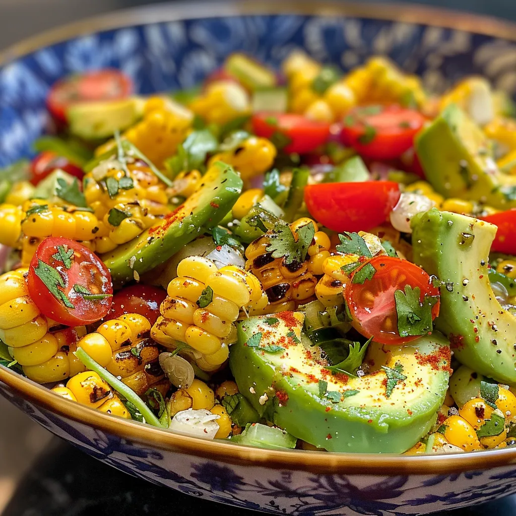 ['Close-up of a vibrant Grilled Corn Salad featuring diced avocado, cherry tomatoes, and arugula.', 'Side view of a colorful salad with grilled corn, avocado pieces, and fresh vegetables.', 'A bowl of Grilled Corn Salad with chunks of avocado, cherry tomatoes, and greens, freshly made.', 'Juicy Grilled Corn Salad displayed with avocado, herbs, and bright vegetables in a rustic setting.']