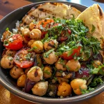 ['Close-up of a vibrant chickpea salad featuring grilled vegetables and herbs.', 'A colorful bowl of chickpea salad with grilled eggplant, tomatoes, and fresh herbs.', 'Detailed view of a healthy chickpea salad with grilled veggies, garnished with parsley and cilantro.', 'Close view of a chickpea salad showcasing grilled vegetables, chickpeas, and spices.']