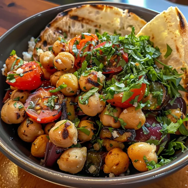 ['Close-up of a vibrant chickpea salad featuring grilled vegetables and herbs.', 'A colorful bowl of chickpea salad with grilled eggplant, tomatoes, and fresh herbs.', 'Detailed view of a healthy chickpea salad with grilled veggies, garnished with parsley and cilantro.', 'Close view of a chickpea salad showcasing grilled vegetables, chickpeas, and spices.']