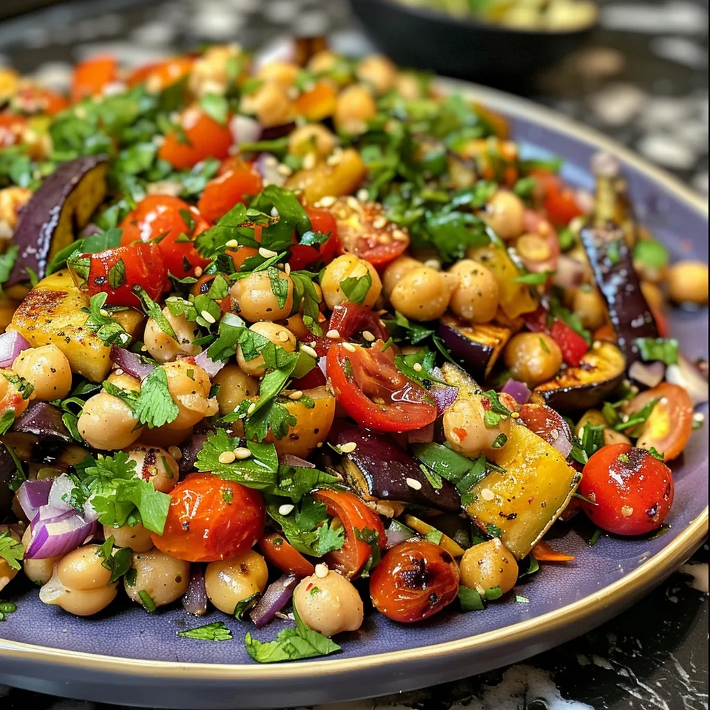 ['Close-up of a vibrant chickpea salad featuring grilled vegetables and herbs.', 'A colorful bowl of chickpea salad with grilled eggplant, tomatoes, and fresh herbs.', 'Detailed view of a healthy chickpea salad with grilled veggies, garnished with parsley and cilantro.', 'Close view of a chickpea salad showcasing grilled vegetables, chickpeas, and spices.']