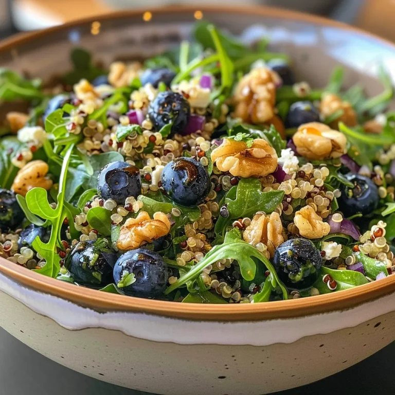 ['A vibrant Blueberry Quinoa Salad with fresh blueberries, feta cheese, and candied walnuts.', 'A close-up view of a colorful Blueberry Quinoa Salad with arugula and sliced red onion.', 'A side view of a Blueberry Quinoa Salad showcasing blueberries, walnuts, and feta on a plate.', 'A detailed shot of a Blueberry Quinoa Salad filled with greens, berries, and nuts, elegantly arranged.']