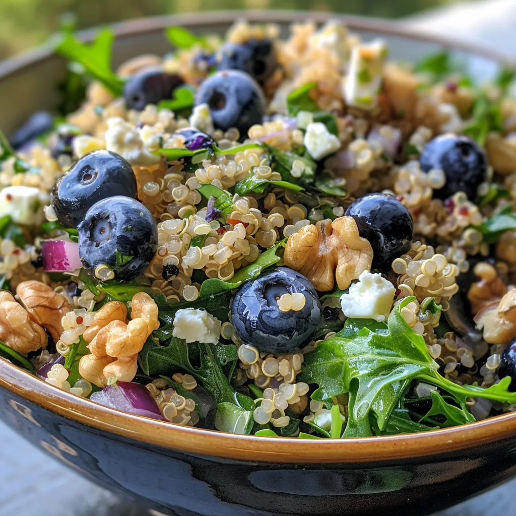 ['A vibrant Blueberry Quinoa Salad with fresh blueberries, feta cheese, and candied walnuts.', 'A close-up view of a colorful Blueberry Quinoa Salad with arugula and sliced red onion.', 'A side view of a Blueberry Quinoa Salad showcasing blueberries, walnuts, and feta on a plate.', 'A detailed shot of a Blueberry Quinoa Salad filled with greens, berries, and nuts, elegantly arranged.']