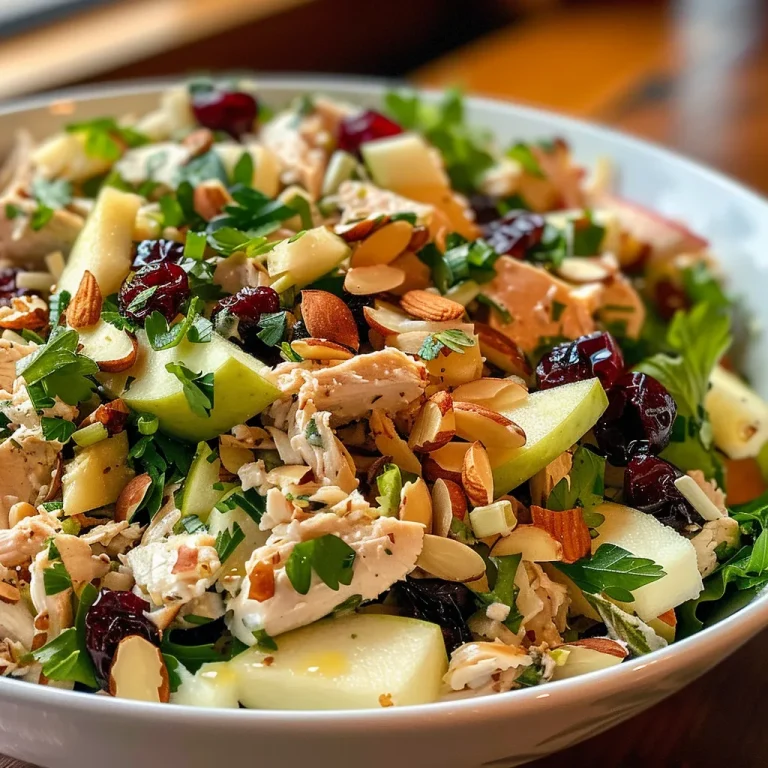 ['A close-up of a colorful chicken salad with apples, almonds, and cranberries in a bowl.', 'Side view of a fresh chicken salad featuring diced apples and nuts, garnished with green onions.', 'Juicy chicken salad with sliced apples and almonds, presented in an elegant dish.', 'A vibrant chicken salad with visible chunks of apple, nuts, and cranberries, ready to serve.']