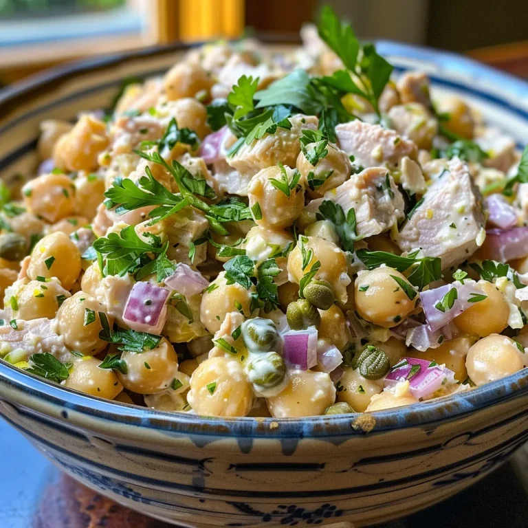 ['Close-up view of a colorful creamy tuna chickpea salad with visible beans and vegetables.', 'Side angle of a fresh creamy tuna salad with chickpeas, red onions, and herbs on a plate.', 'Detailed view of a protein-packed chickpea salad featuring tuna, Greek yogurt, and crunchy celery.', 'Vibrant creamy tuna salad showcasing chickpeas, diced vegetables, and a creamy dressing.']