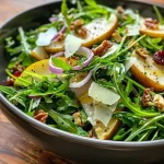['Close-up view of a fresh Arugula Pear Salad with sliced pears and cranberries.', 'Side perspective of an Arugula Pear Salad featuring vibrant greens and creamy parmesan.', 'Detailed shot of a delicious Arugula Pear Salad showcasing its colorful ingredients.', 'Close-up image of an Arugula Pear Salad, highlighting the texture of arugula and pear slices.']