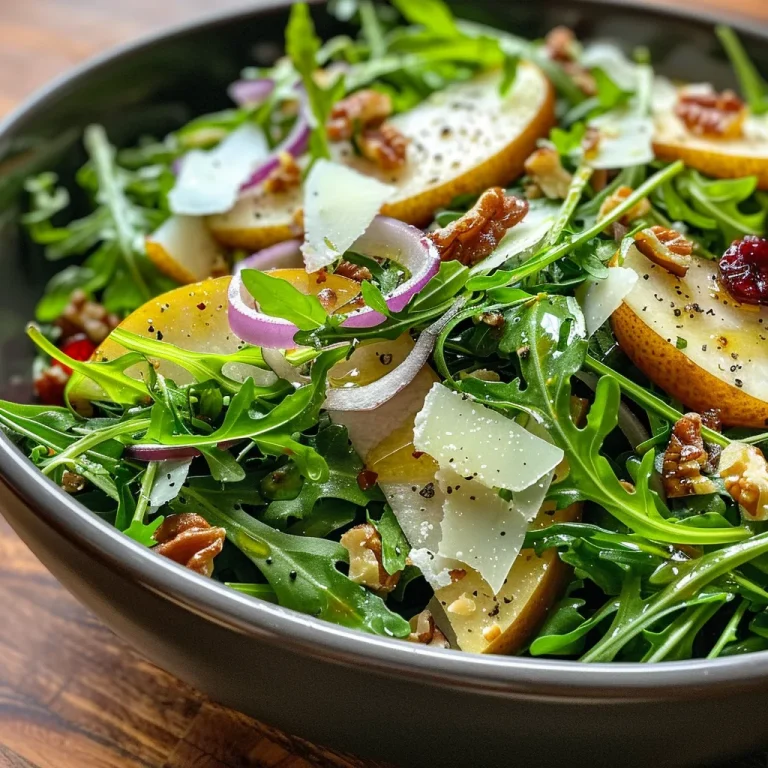 ['Close-up view of a fresh Arugula Pear Salad with sliced pears and cranberries.', 'Side perspective of an Arugula Pear Salad featuring vibrant greens and creamy parmesan.', 'Detailed shot of a delicious Arugula Pear Salad showcasing its colorful ingredients.', 'Close-up image of an Arugula Pear Salad, highlighting the texture of arugula and pear slices.']